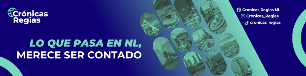 Cronicas Regias hero banner with teal mosaic shapes and the slogan 'Lo que pasa en NL, merece ser contado' on a dark blue background