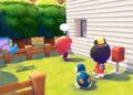 pokemon-pokopia-nintendo-oro - CRONICAS REGIAS Cartoon backyard scene: three colorful characters approach a white house with a red mailbox, as a blue dragon glides by among green trees and a wooden fence.