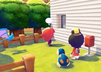 Cartoon backyard scene: three colorful characters approach a white house with a red mailbox, as a blue dragon glides by among green trees and a wooden fence.