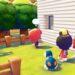 Cartoon backyard scene: three colorful characters approach a white house with a red mailbox, as a blue dragon glides by among green trees and a wooden fence.