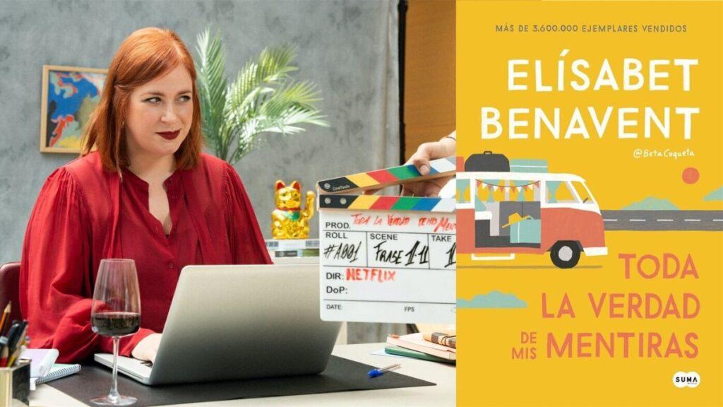 Woman with red hair in a red blouse sits at a desk with a laptop and a wine glass, while a film clapperboard sits nearby and a bright yellow Elisabet Benavent poster fills the right side of the image.